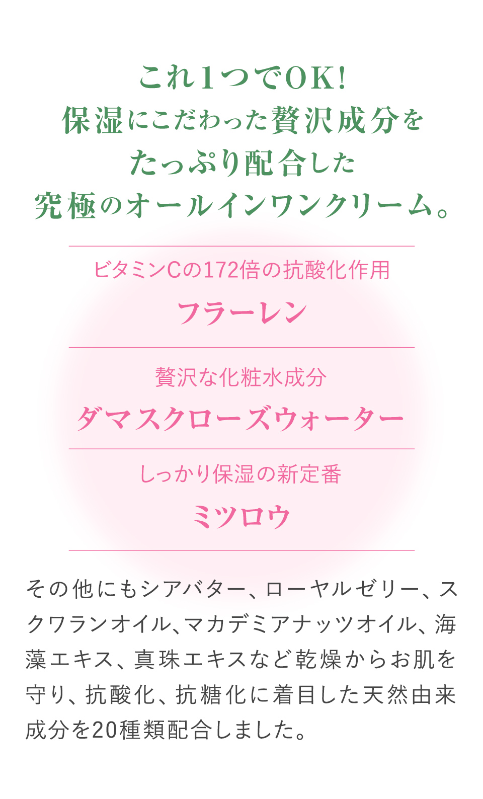 これ１つでOK! 保湿にこだわった贅沢成分をたっぷり配合した究極のオールインワンクリーム。